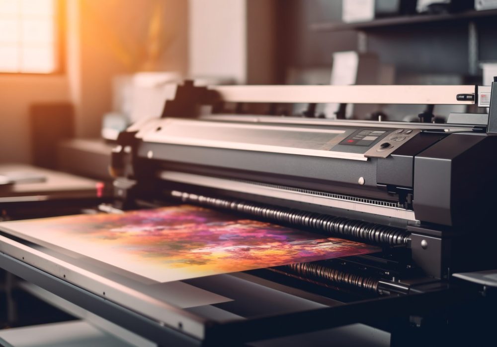 modern printing press creates colorful documents indoors generated by ai